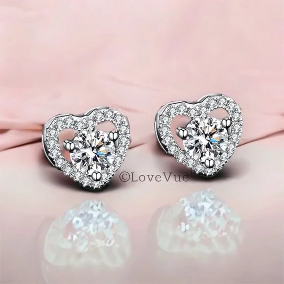 Certified 1ct. t.w. Diamond Moissanite Heart Frame Halo Stud Earrings - Picture 4 of 14